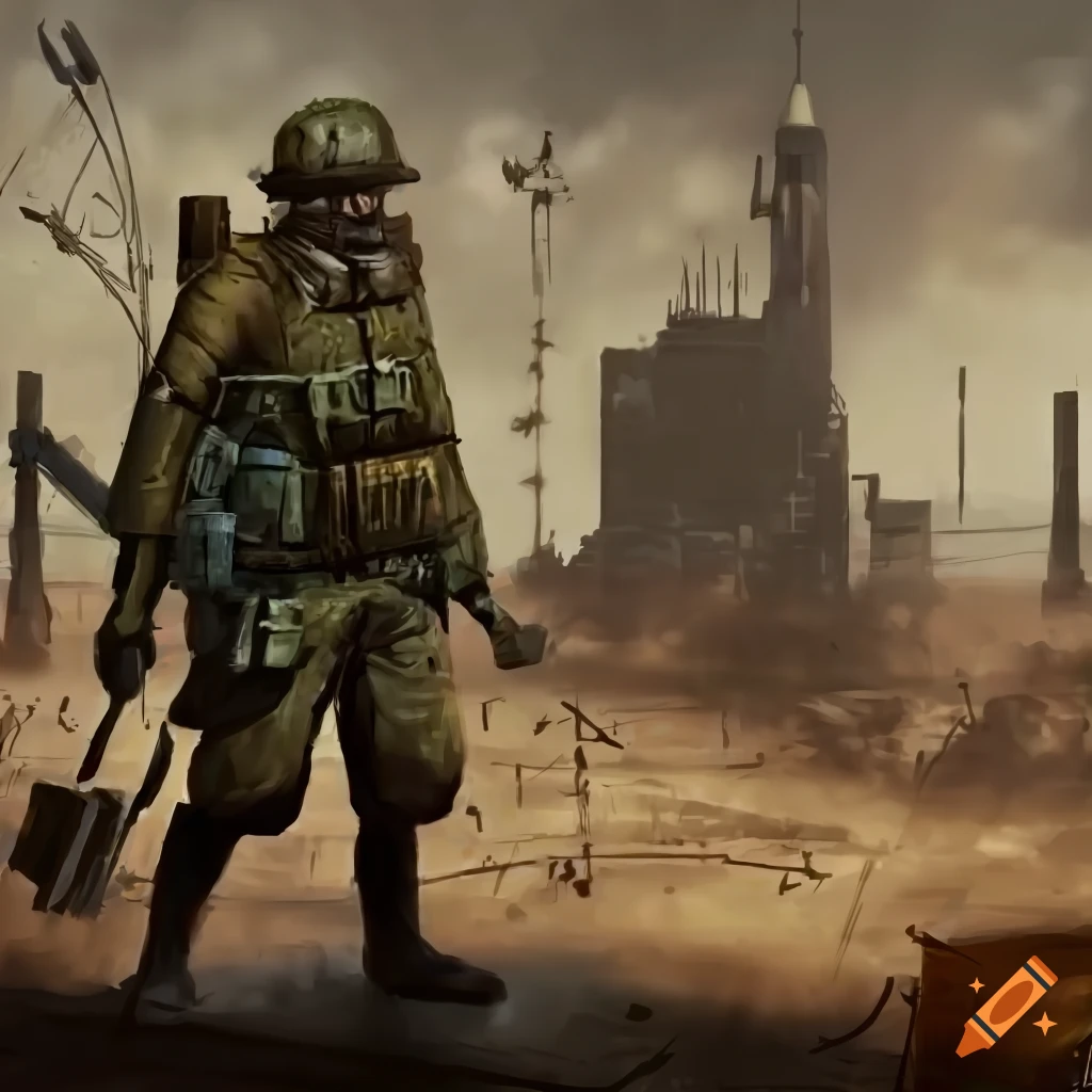 Dieselpunk soldier in a tech WW2 wasteland with airships and steam