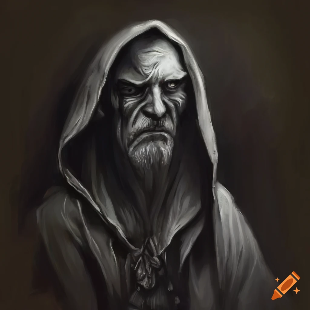 Archmage wizard composed of shadows in dark attire in oil painting