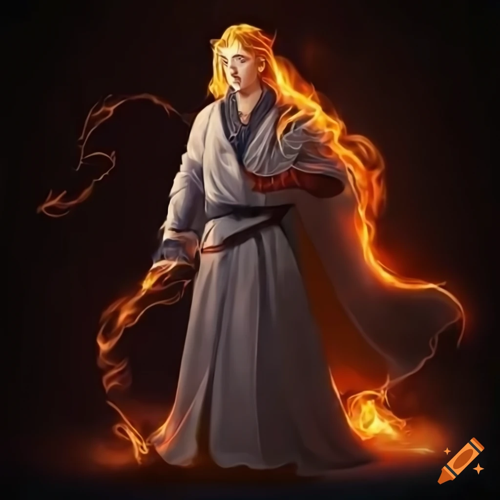 Male elven wizard casting elemental magic surrounded by fire, ice, lightning, and water