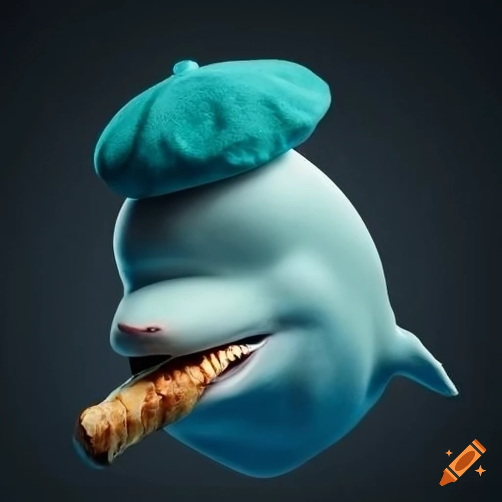 Beluga whale in a beret biting a baguette, innovative art piece