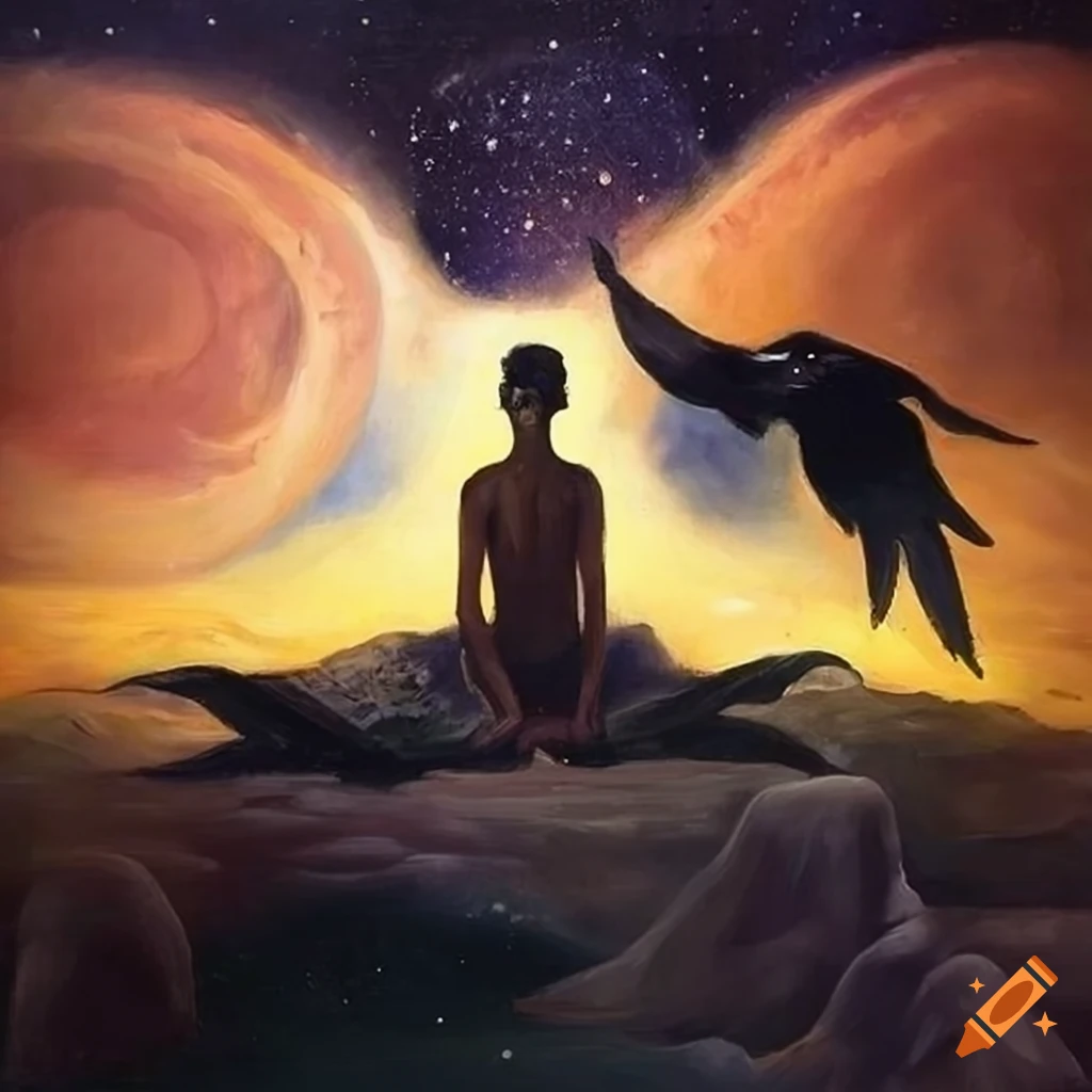 Surrealist painting depicting Carlos Castaneda and Don Juan Matus with Tapio