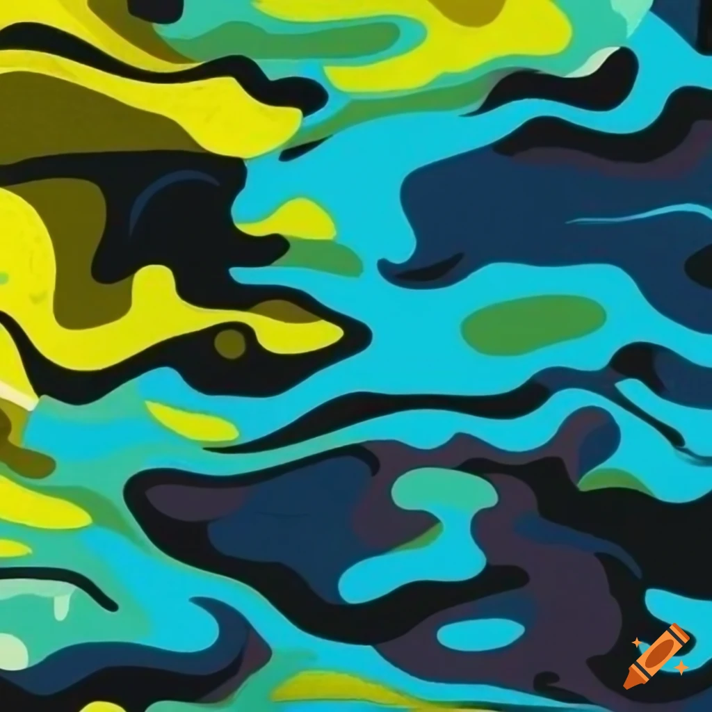 Bold riptide camouflage pattern with yellow, aqua, navy, and black colors