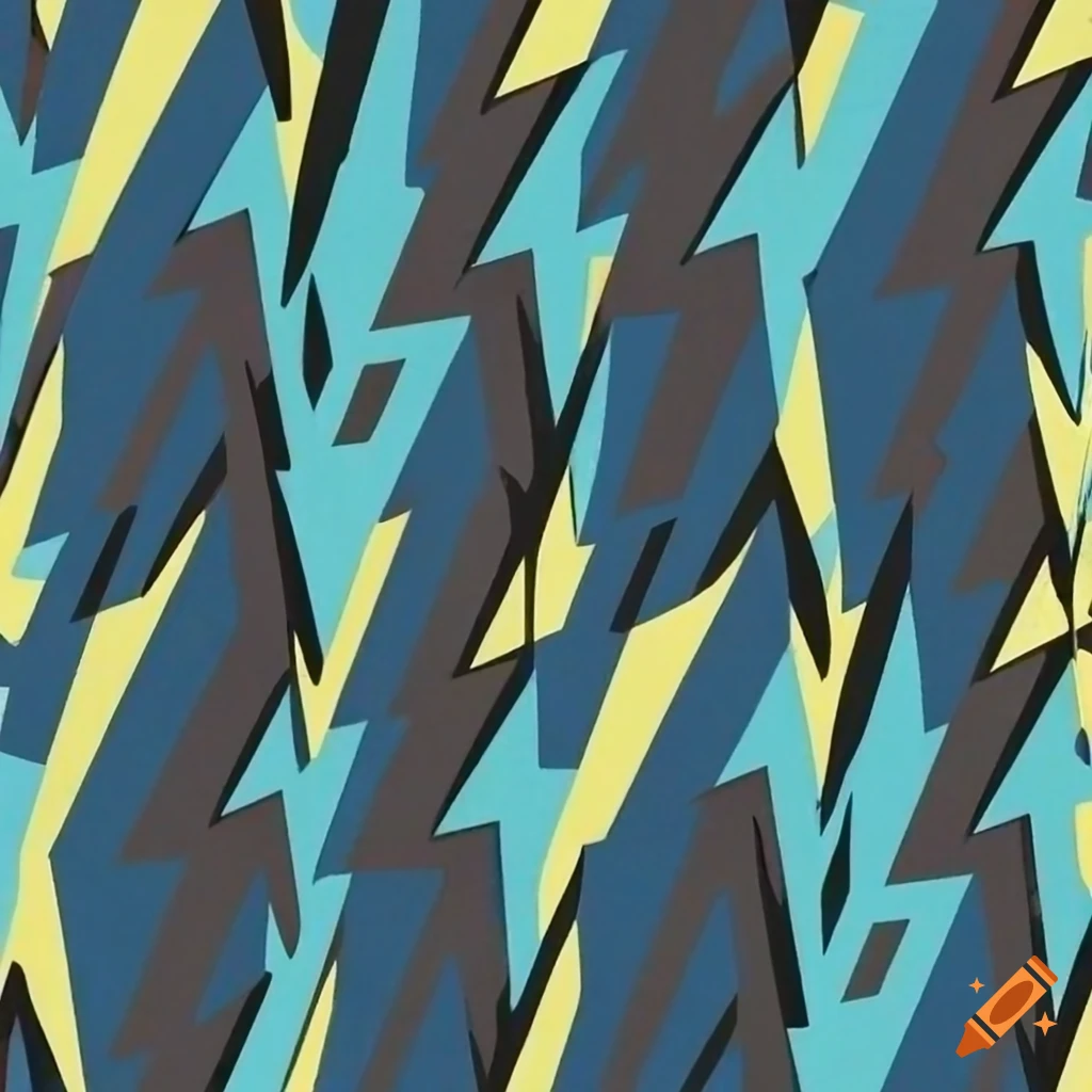 Geometric camouflage pattern in bold colors with thunder bolt and crashing wave patterns
