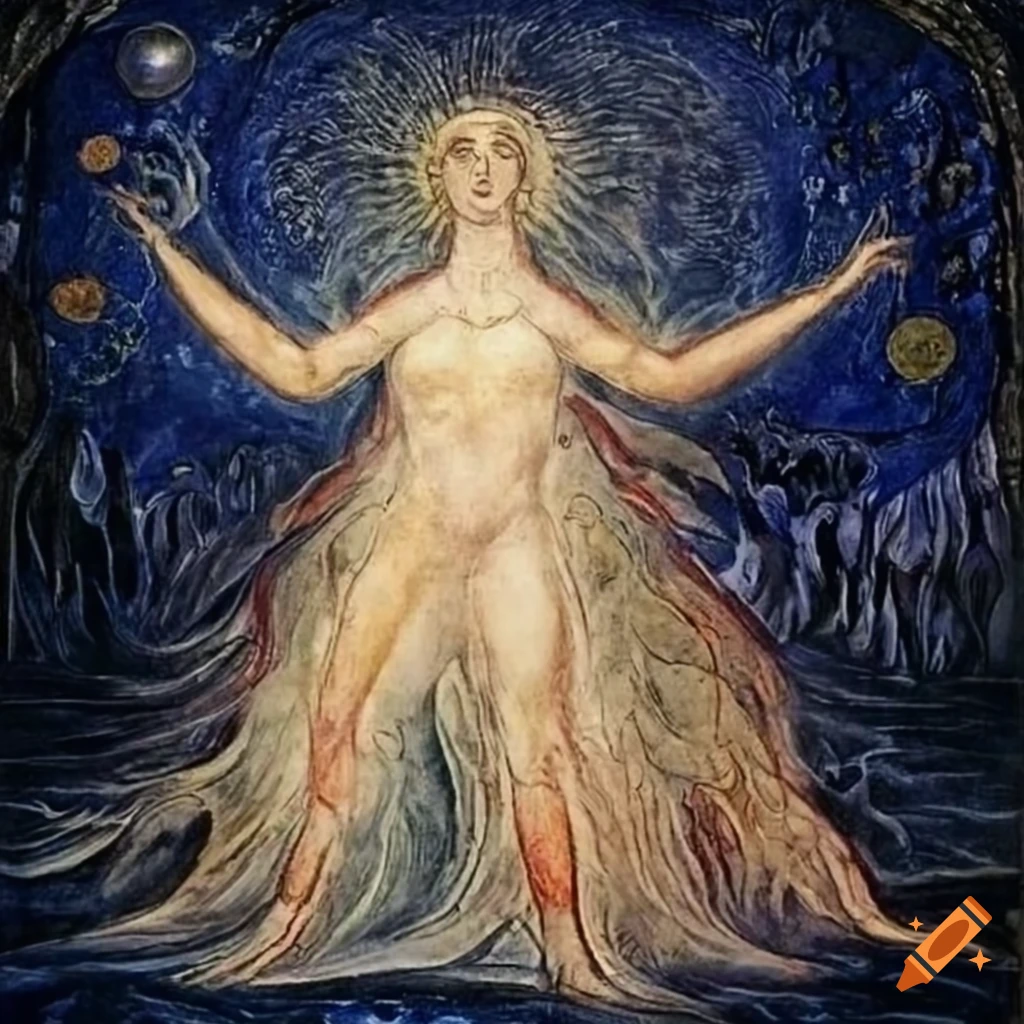 Enlightened spirit walking to hilltop under starry sky with planets