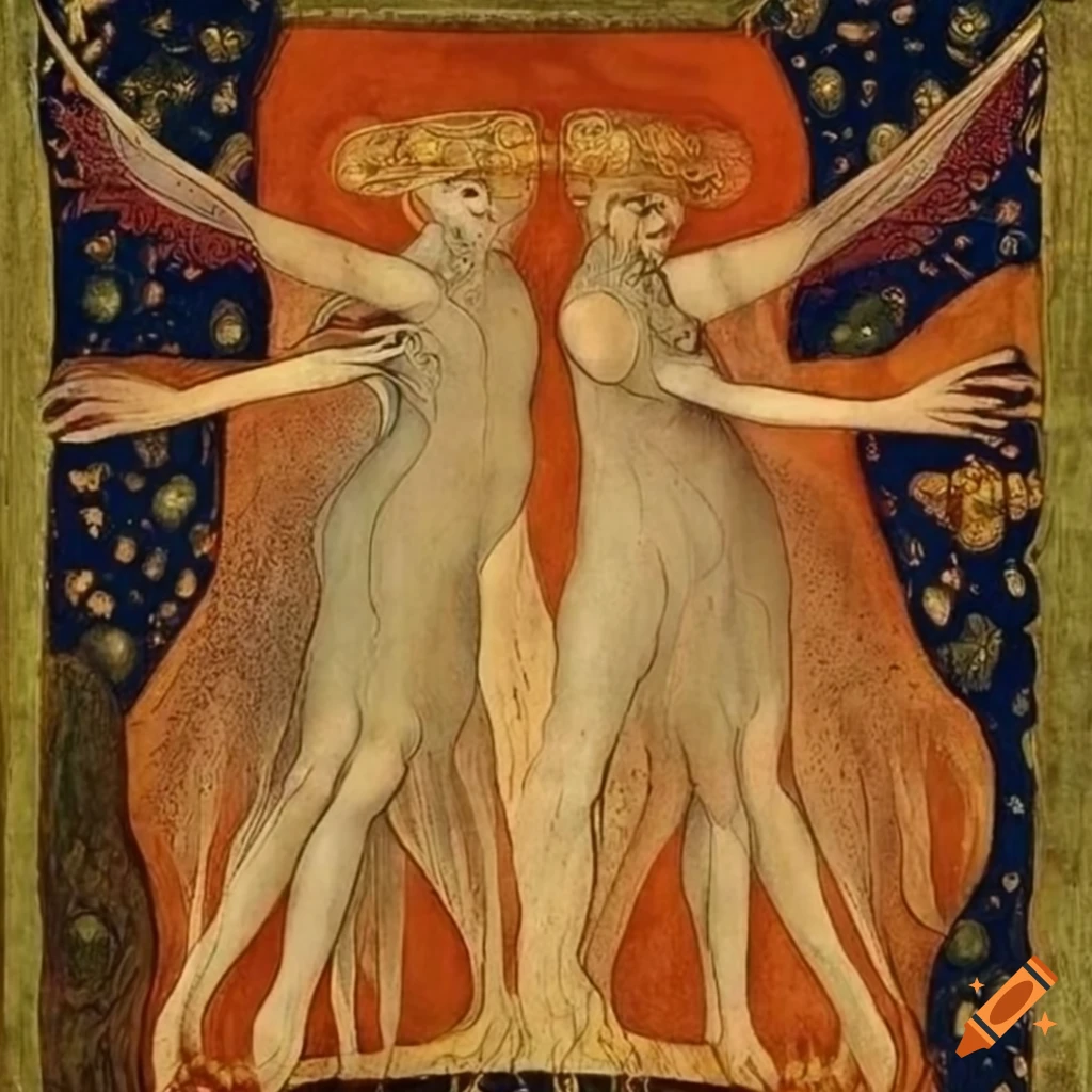 Anima and Animus spirit in a copper style inspired by William Blake and Hilma af Klint