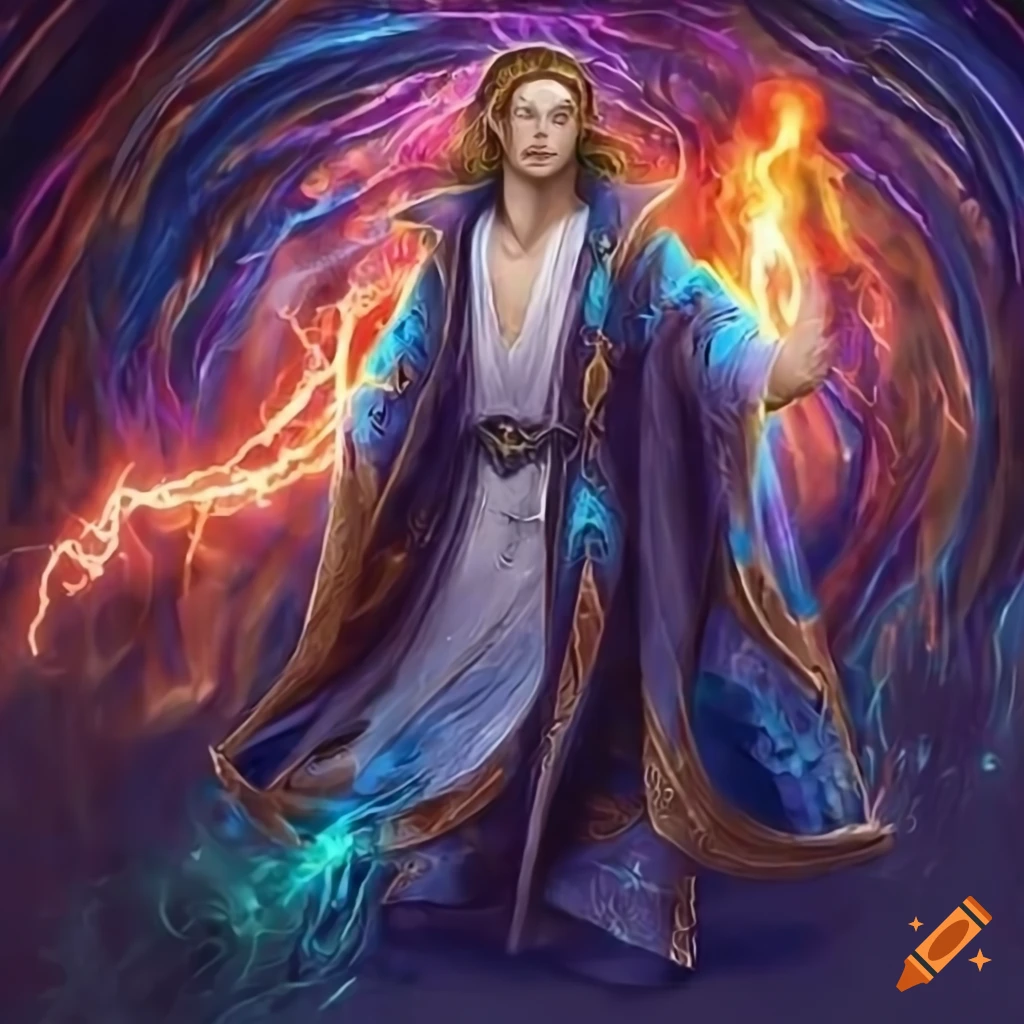 Male elven wizard summoning a whirlwind of magical energies
