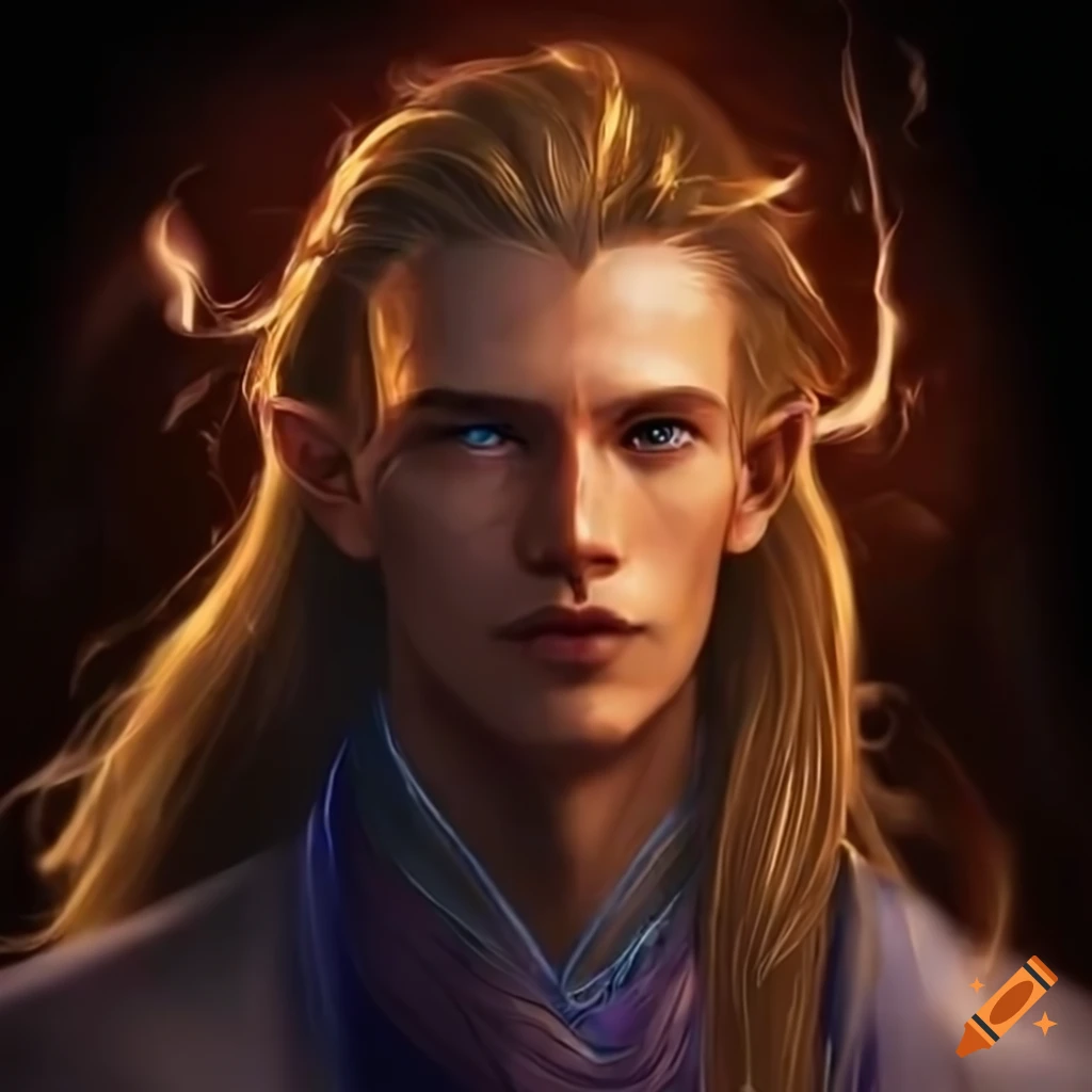Male elven wizard conjuring elemental powers in magical robe