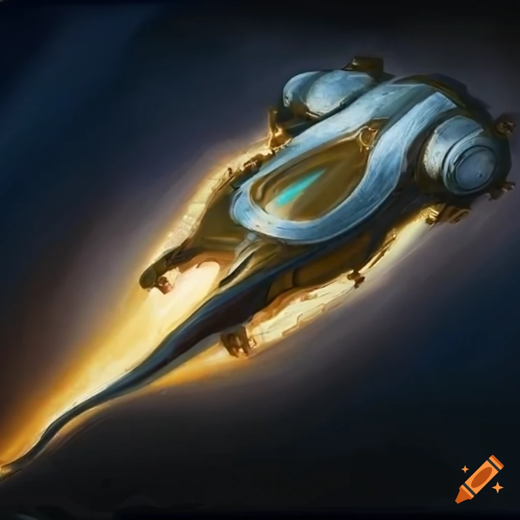 Intricately detailed retrofuturistic spaceship with white and gold armor on a utilitarian bridge