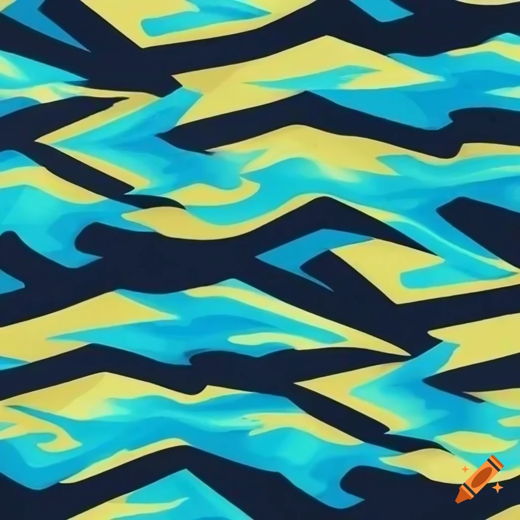 Geometric camouflage pattern in bold colors with thunder bolt and crashing wave patterns