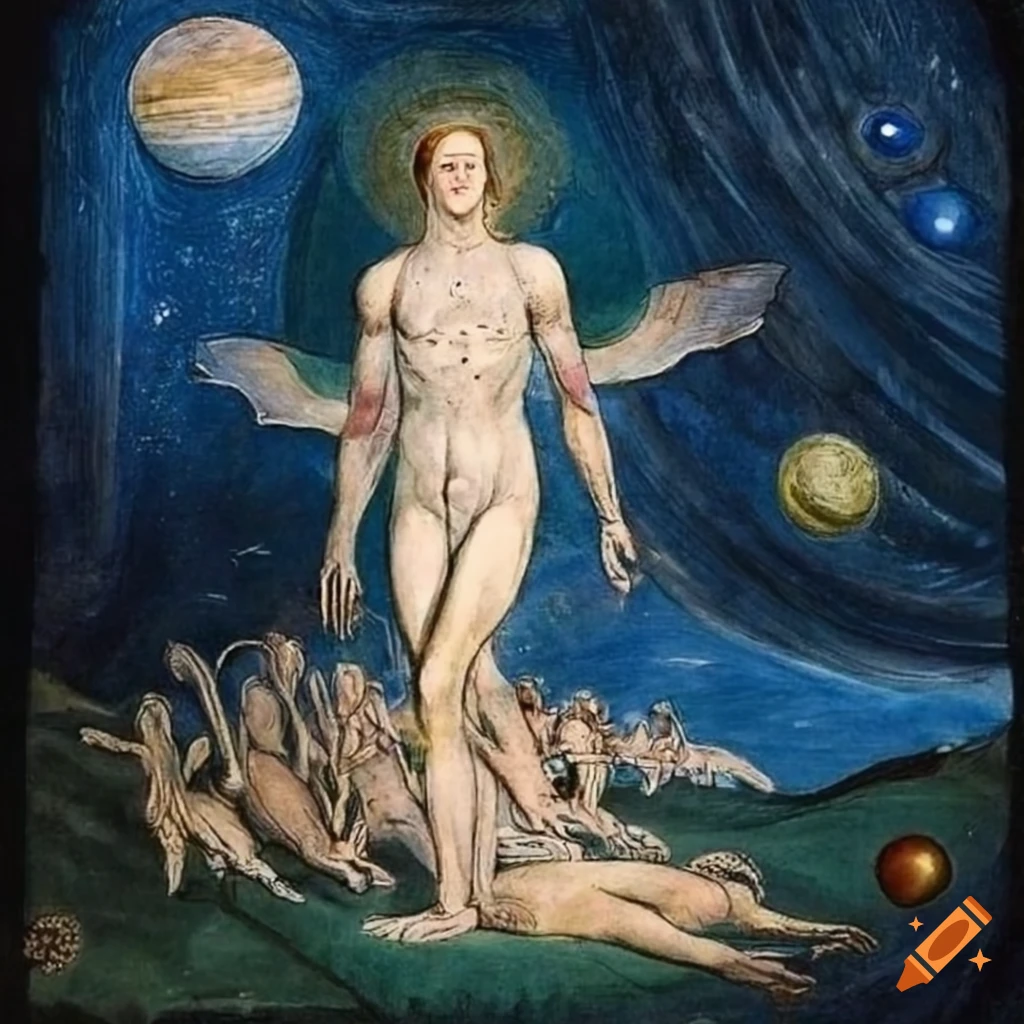 Enlightened spirit walking to hilltop under starry sky with planets, inspired by William Blake