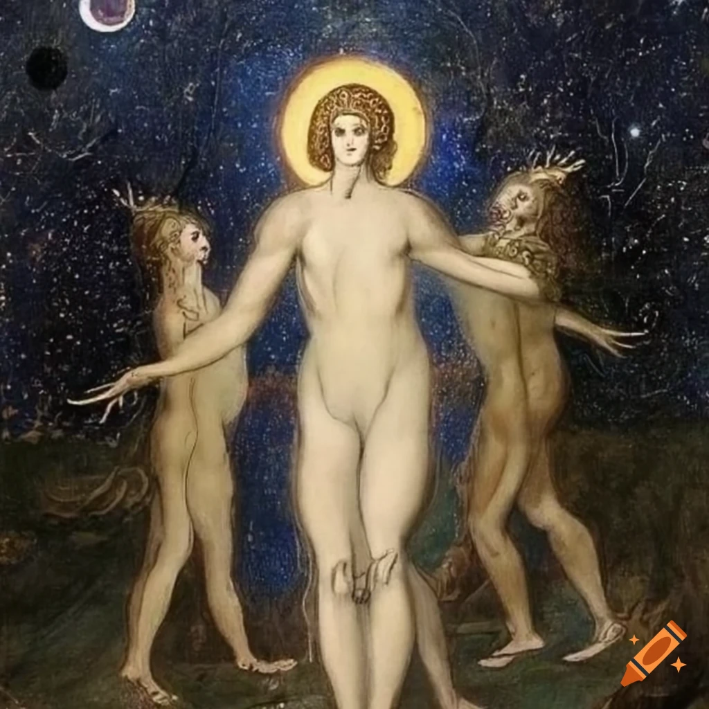 Enlightened spirit walking up a hill under a starry sky with planets, in a mystical setting