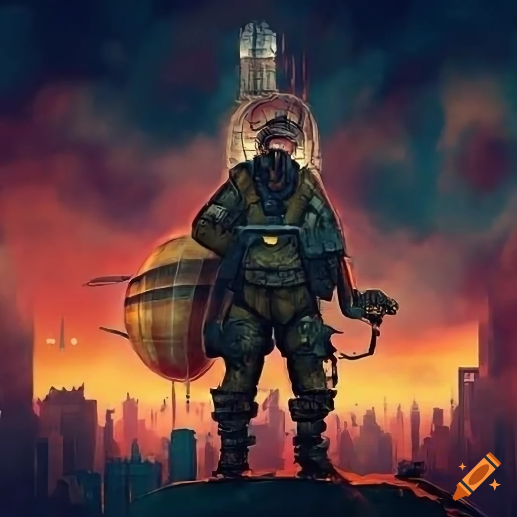 Dieselpunk metropolis skyline obscured by toxic clouds with airships and zeppelins, apocalyptic scene