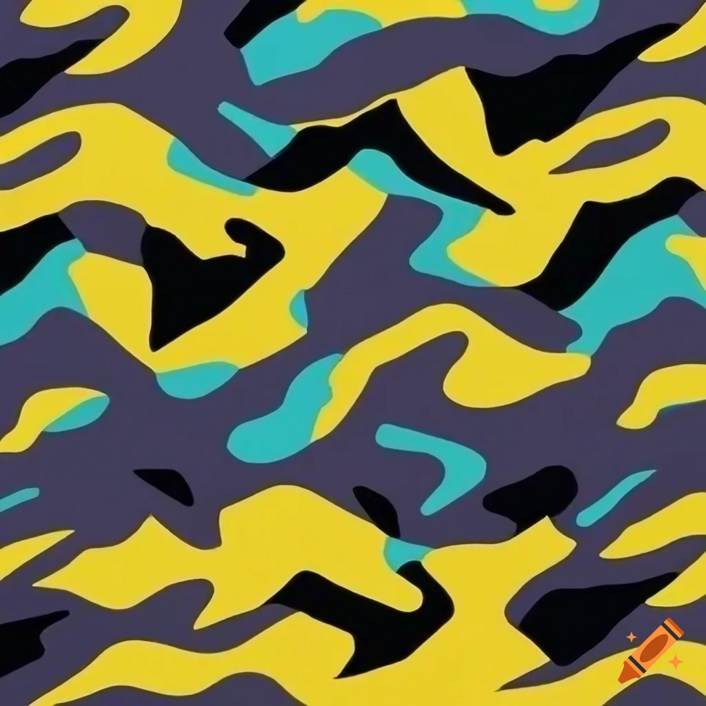 Geometric camouflage pattern in bold colors with thunder bolt and wave designs