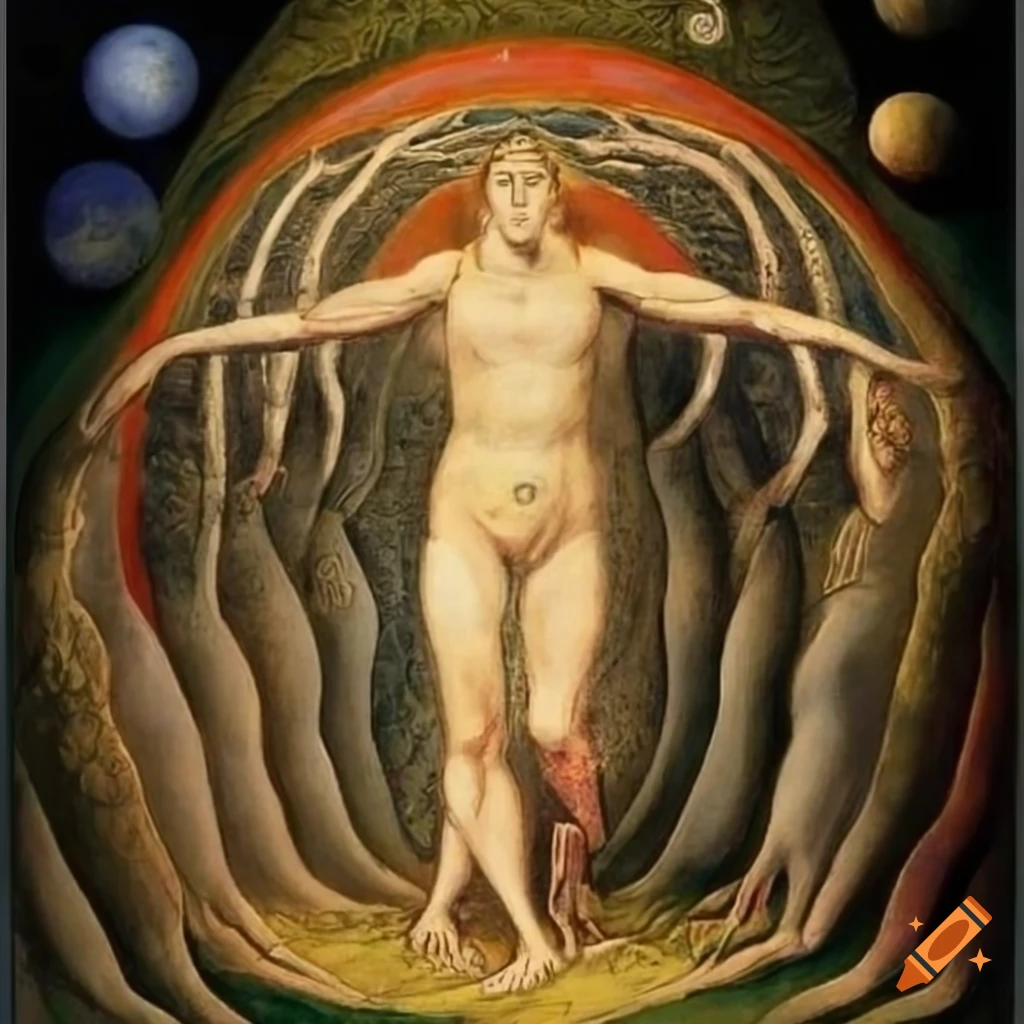 Enlightened spirit walking to hilltop under starry sky with planets, inspired by William Blake and Hilma af Klint