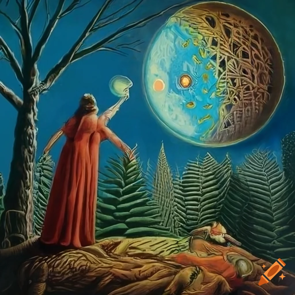 Science Fiction pulp magazine cover inspired by Flammarion Engraving with nonbinary human observing Celestial veil
