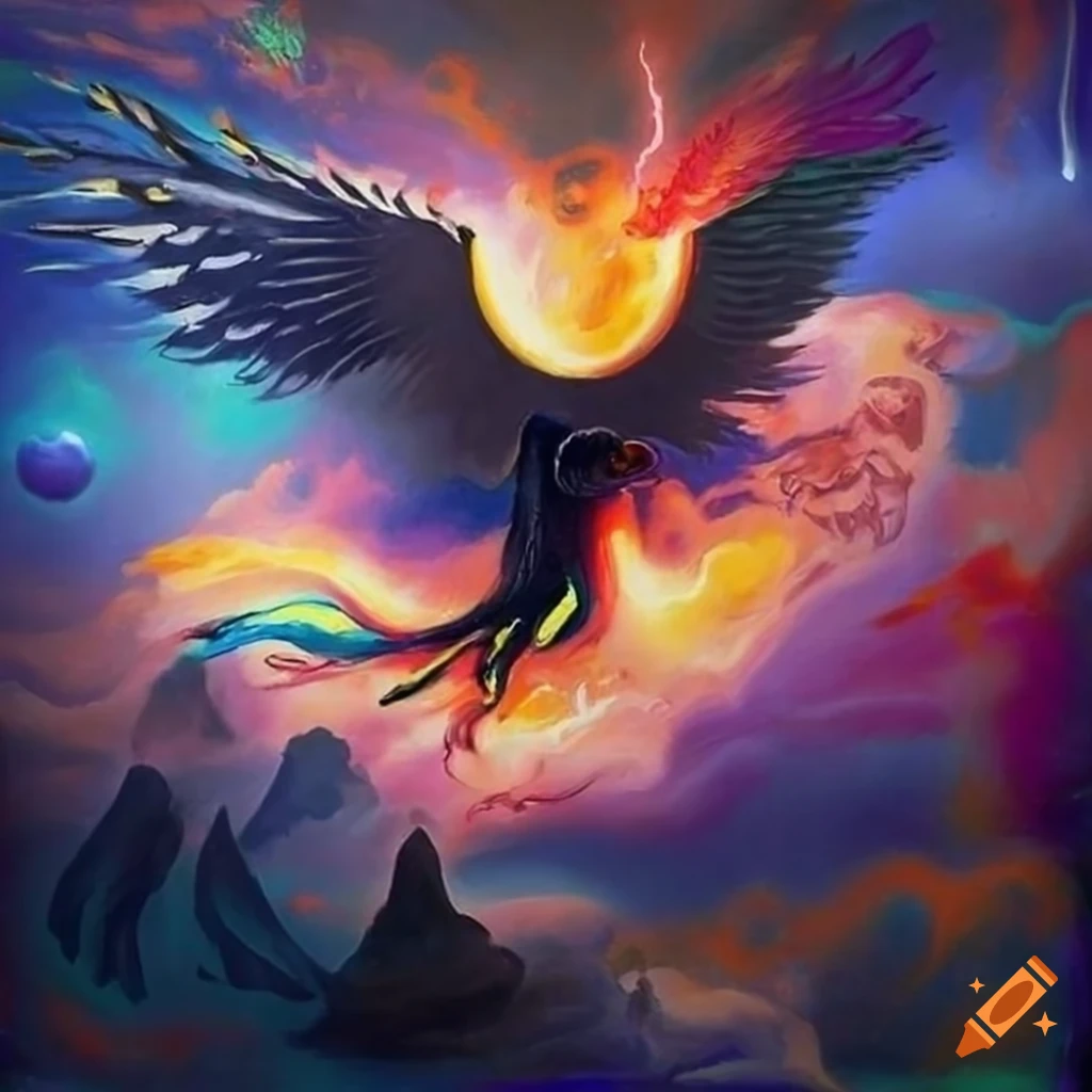 Victorious Phoenix in a surreal battle with a bull under a stormy sky