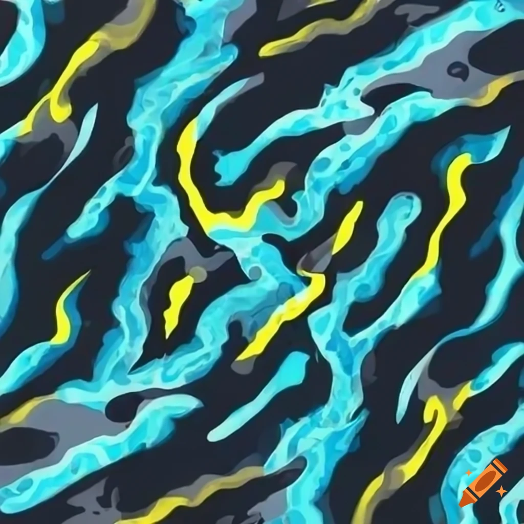 Riptide camouflage pattern with bold colors and thunder bolt and wave patterns