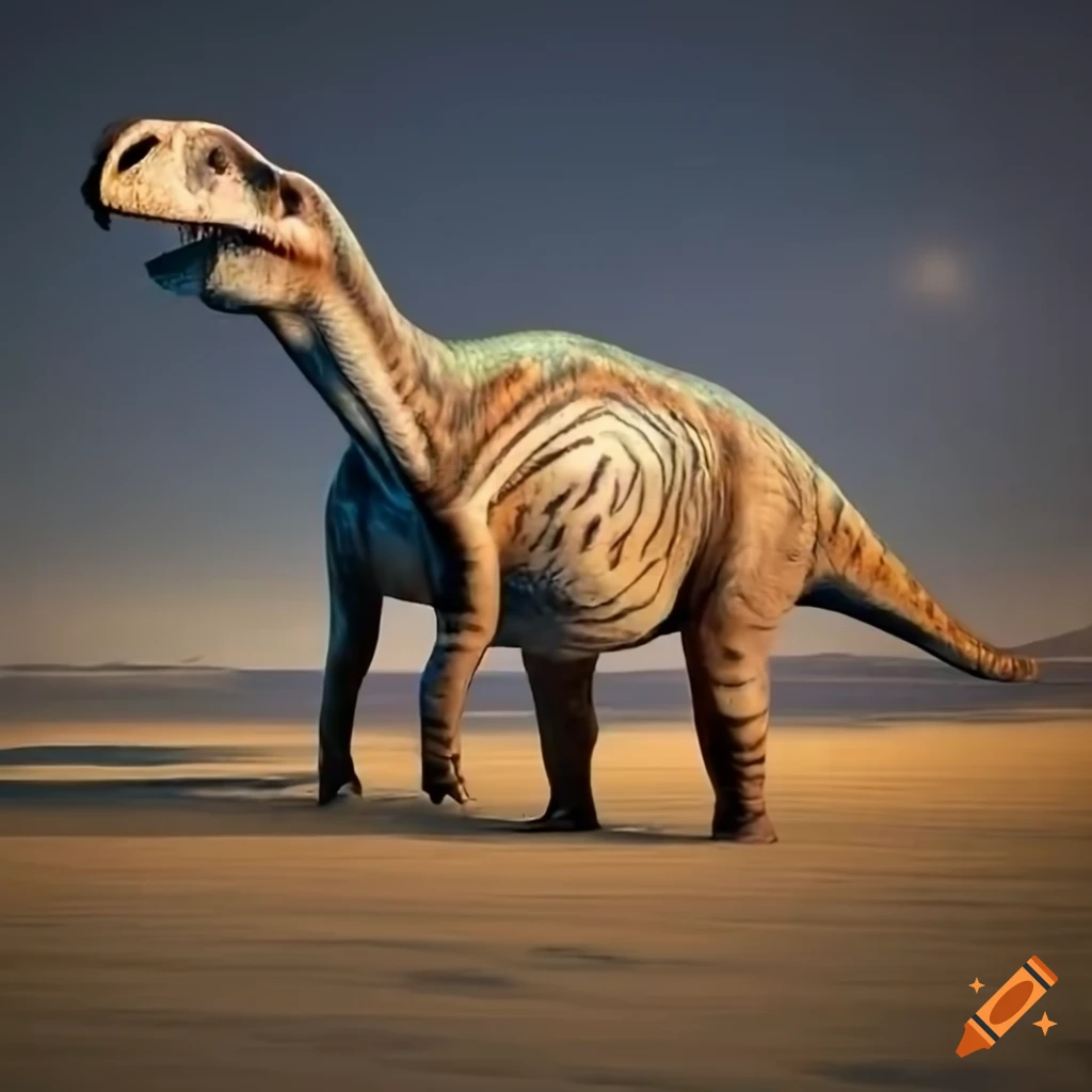 Hadrosaurus dinosaur with tiger-like color pattern in warm morning light