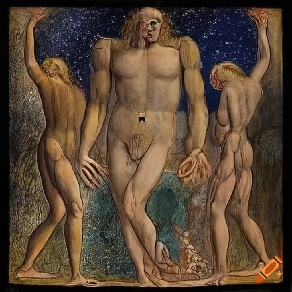 Enlightened spirit ascending hill under starry sky with planets, inspired by William Blake and Hilma af Klint