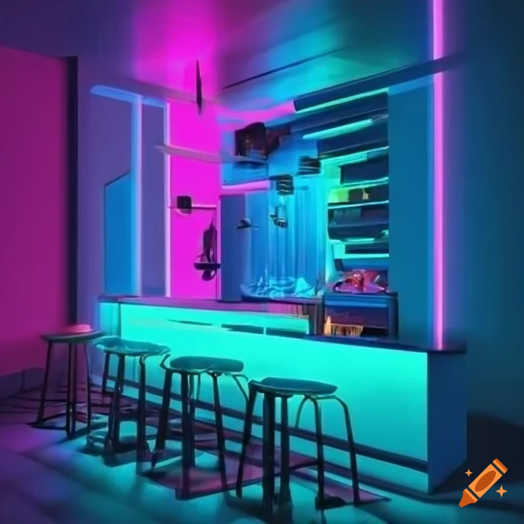 Futuristic bar background with blue and pink neon lights