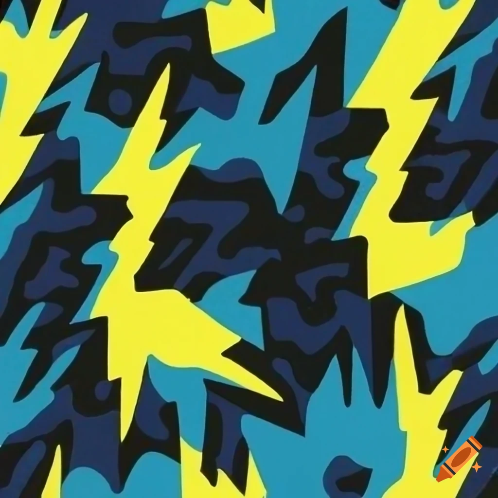 Riptide camouflage pattern in bold colors with thunderbolt and crashing wave patterns