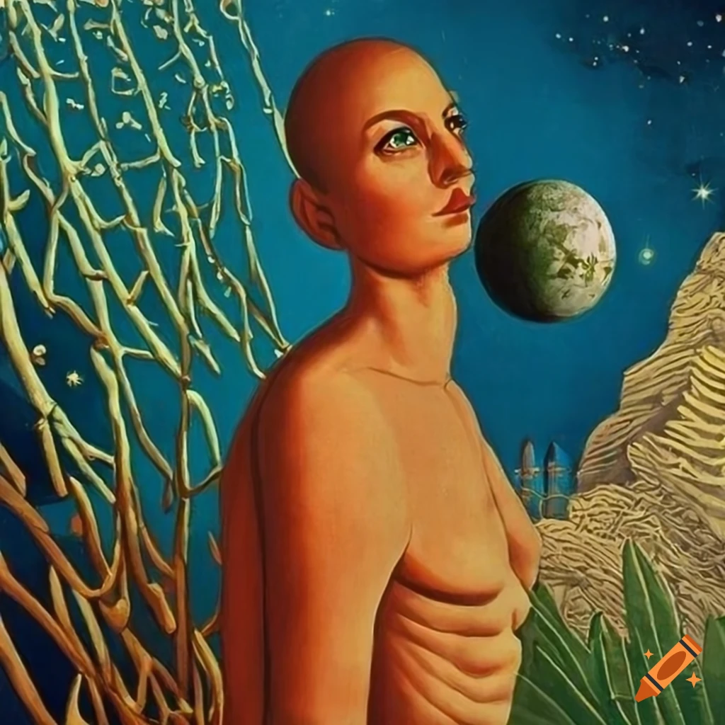 Sci-Fi pulp magazine cover featuring a nonbinary human gazing through the Celestial veil