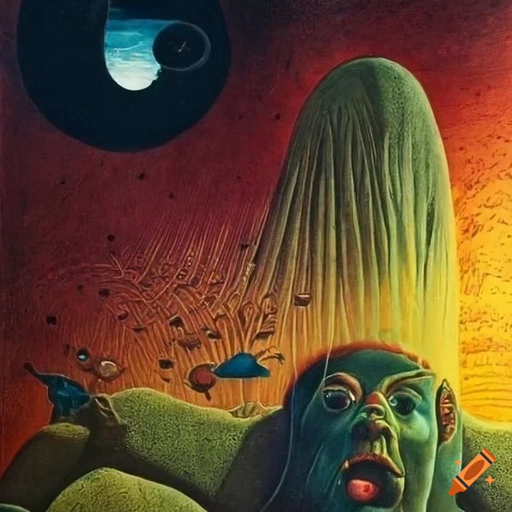 Nonbinary human gazing through Celestial veil in Science Fiction pulp magazine cover