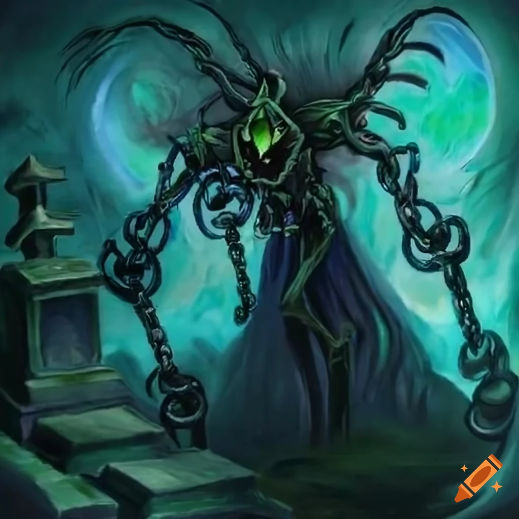 Yugioh card art of a necromancer in a desolate graveyard with ghostly chains on Craiyon Yugioh card art of a necromancer in a desolate graveyard with ghostly chains on Craiyon