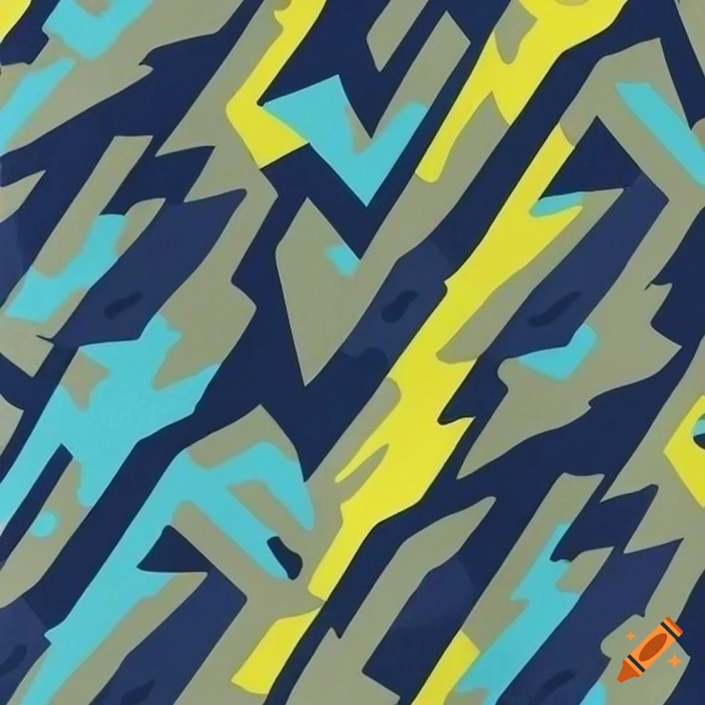 Geometric camouflage pattern in bold colors with thunder bolt and wave patterns