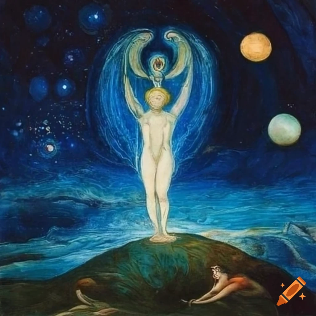 Enlightened spirit walking to hilltop under starry sky with planets