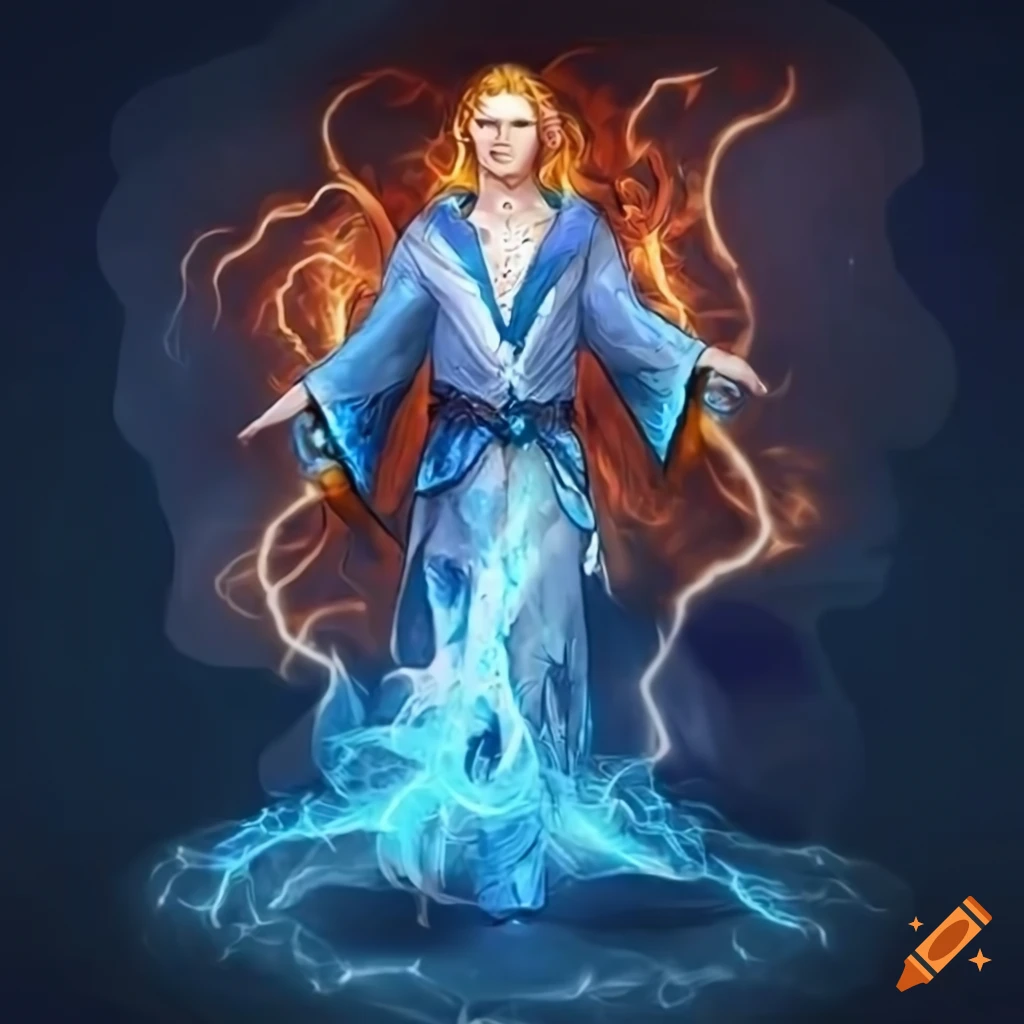 Male elven wizard conjuring elemental energies in magical robe