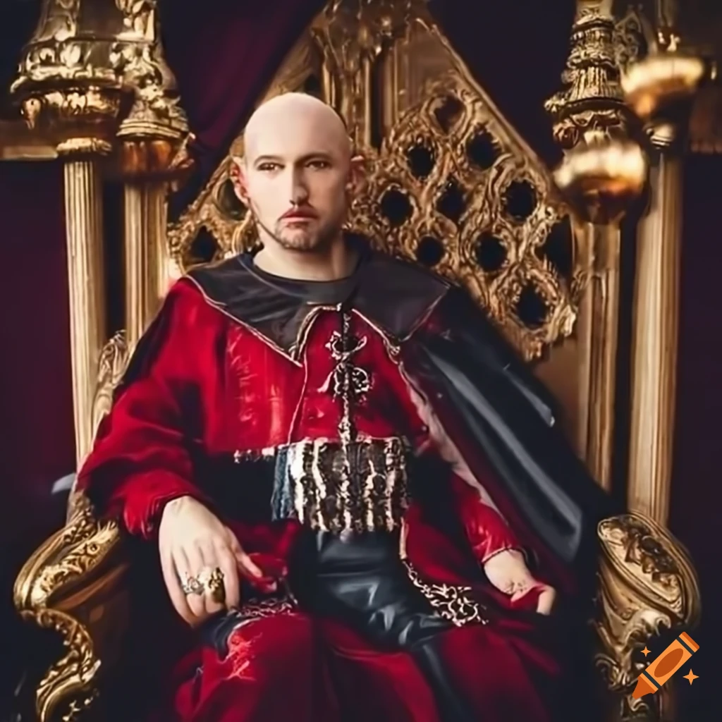 Bald man seated on a throne with an underlying secret