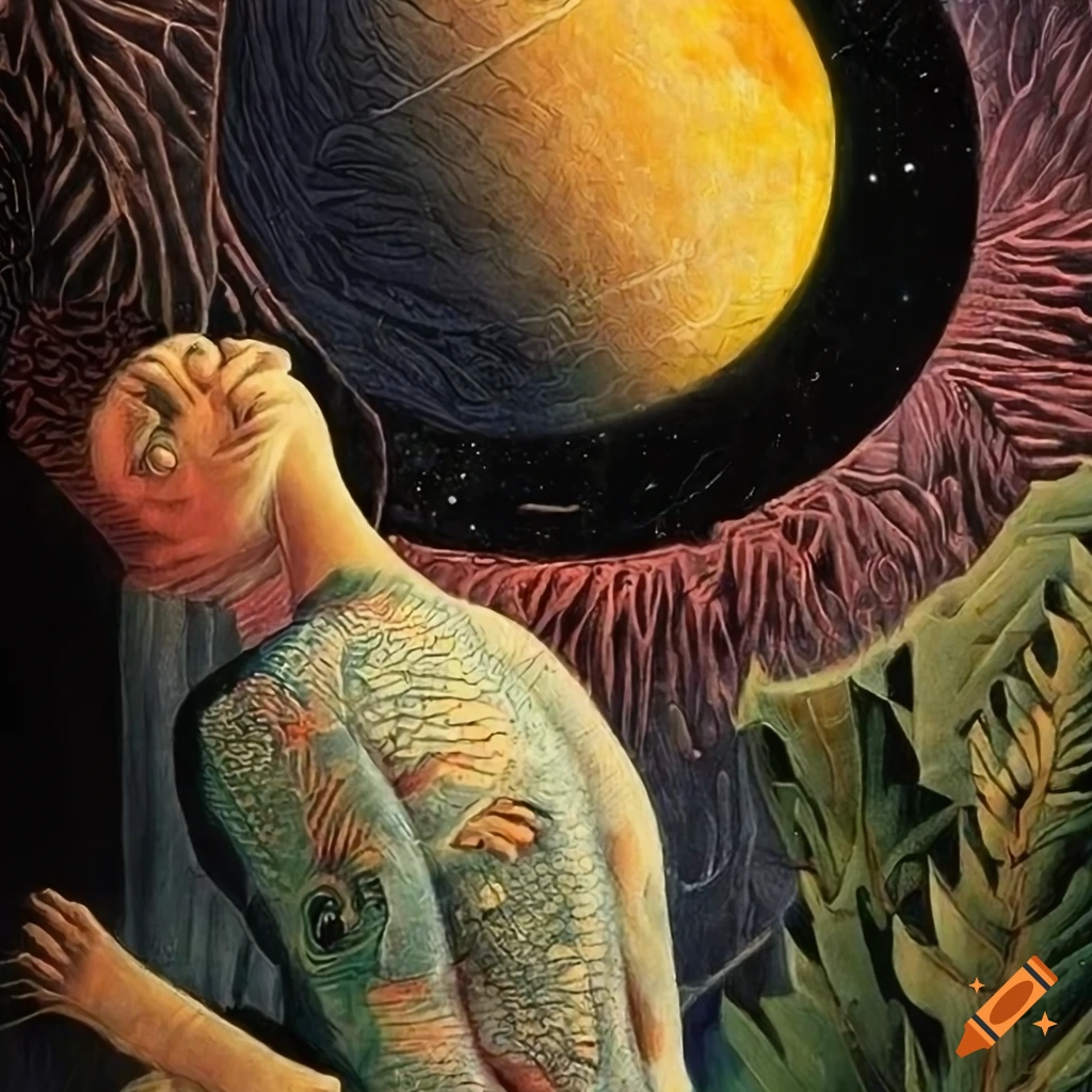 Nonbinary human gazing through the celestial veil in a science fiction magazine cover