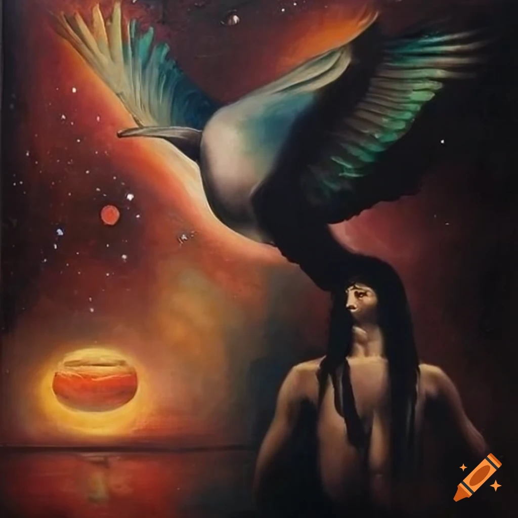 Surrealist painting with Carlos Castaneda and Don Juan Matus in front of a Tapio