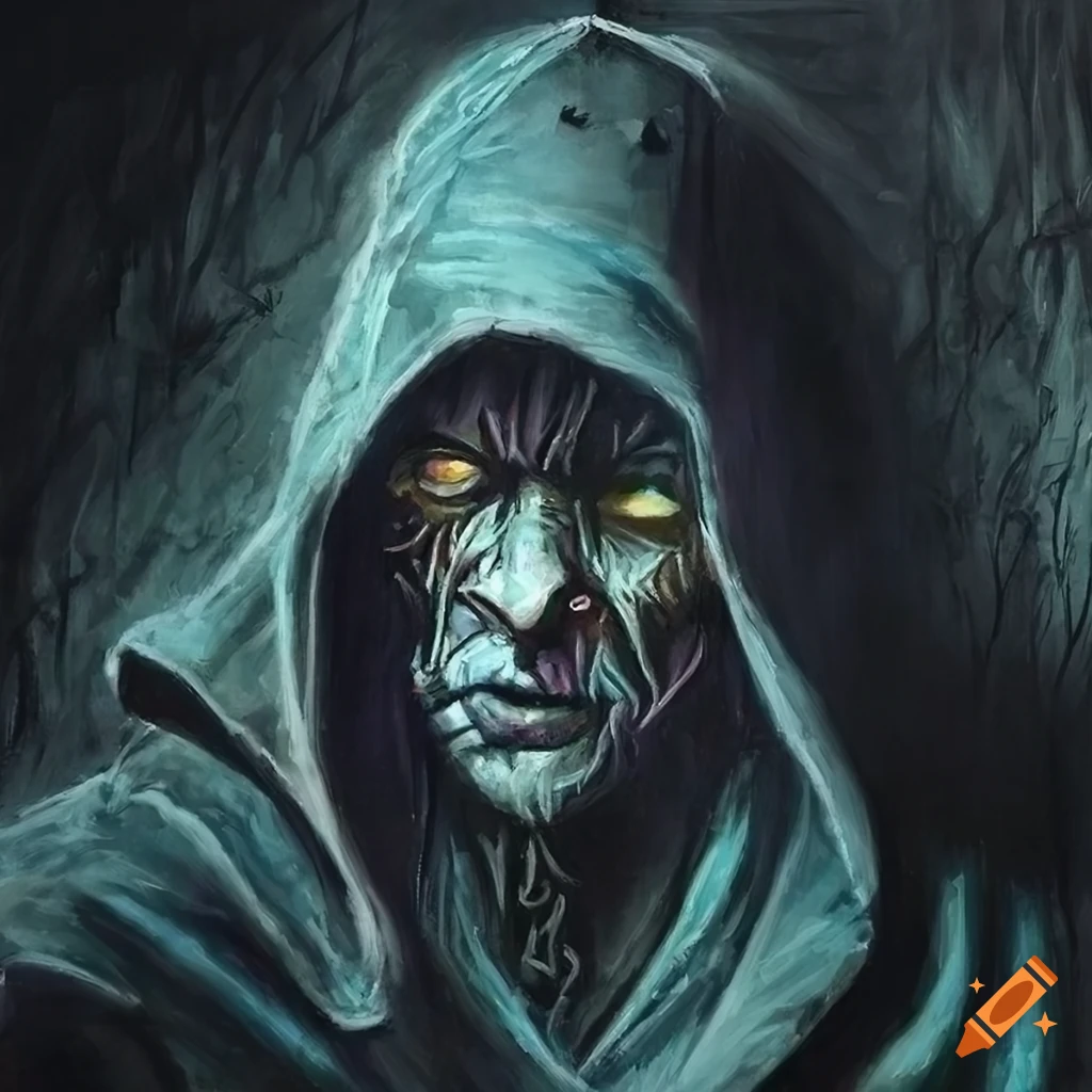 Archmage wizard composed of shadows in dark attire in oil painting