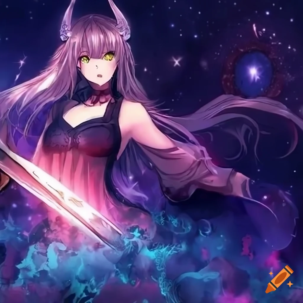 Anime demon girl in a cool dress with flaming stars and ocean background