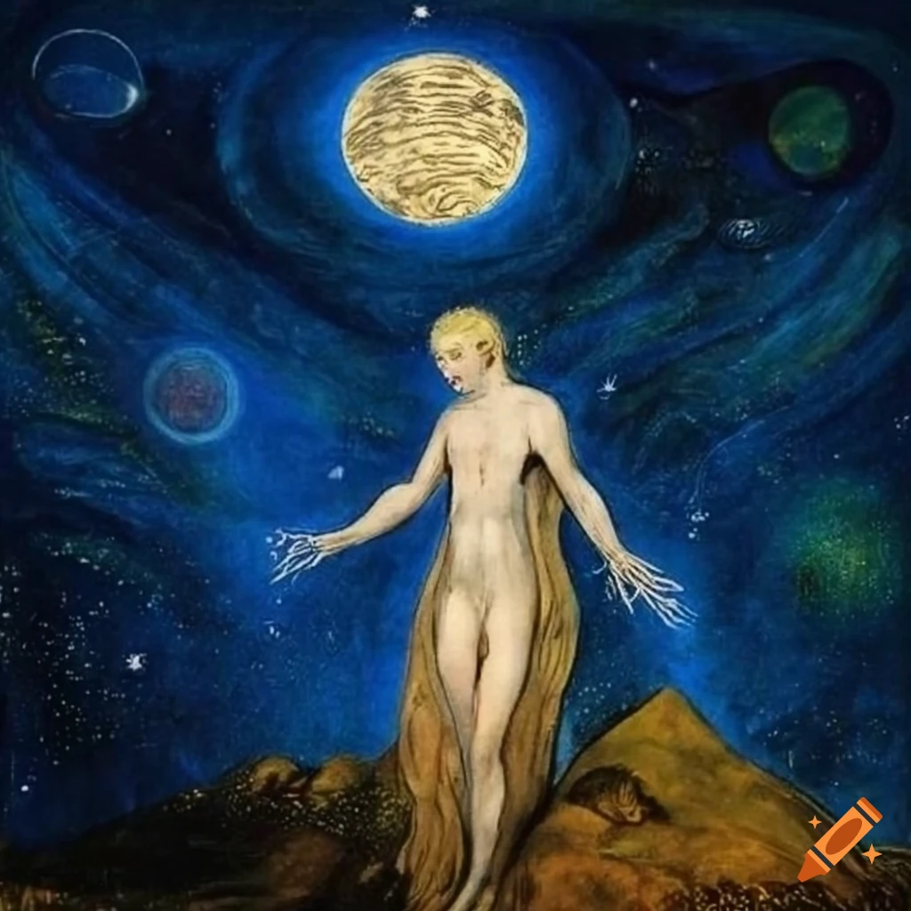 Enlightened spirit walking to hilltop under starry sky with planets, inspired by William Blake