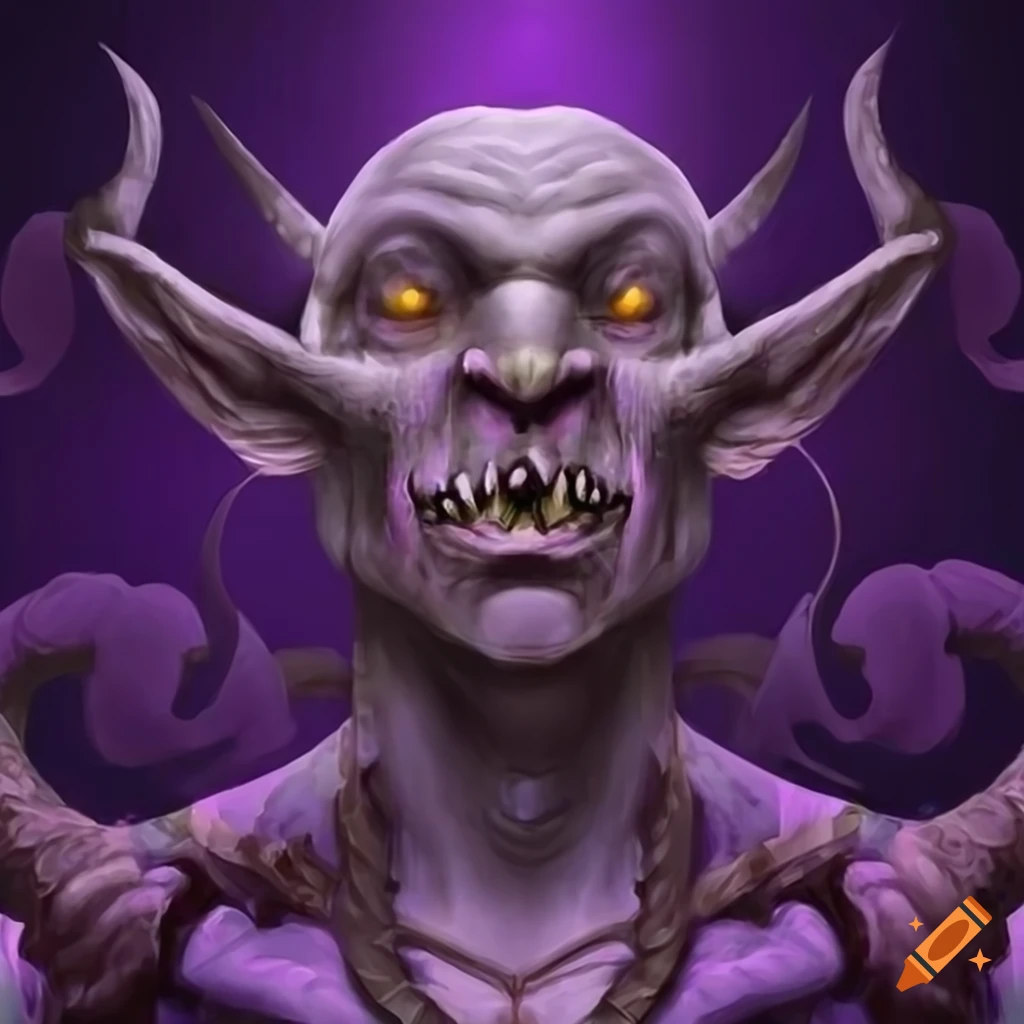Male goblin warlock in a dark temple with violet background