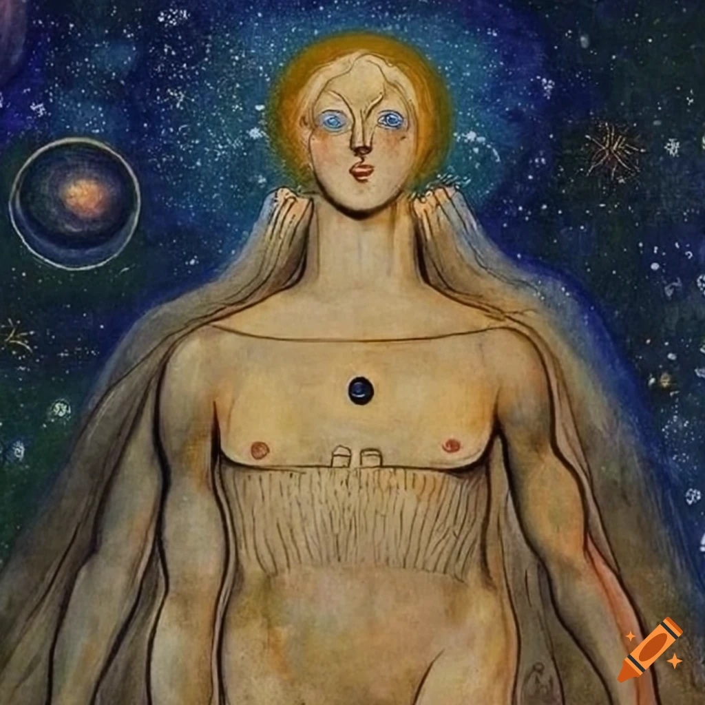 Enlightened spirit walking to hilltop under starry sky with planets