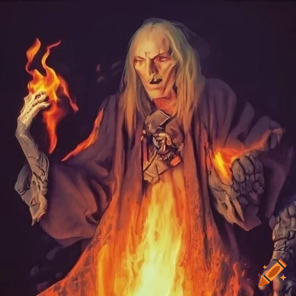 Robed sorcerer invoking fire from cracks in 80's fantasy art