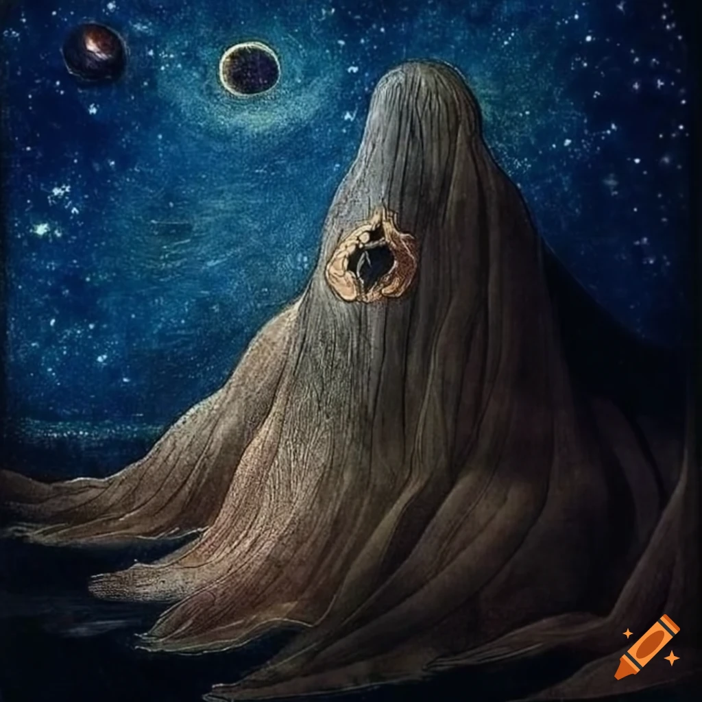 Enlightened spirit climbing hill under starry sky with planets, in William Blake style