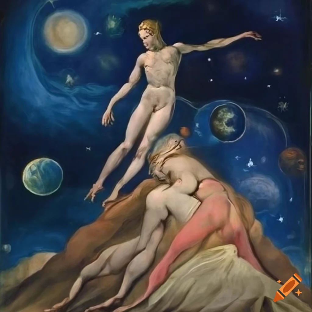 Enlightened spirit ascending hill under starry sky with epic sword fight between good and evil