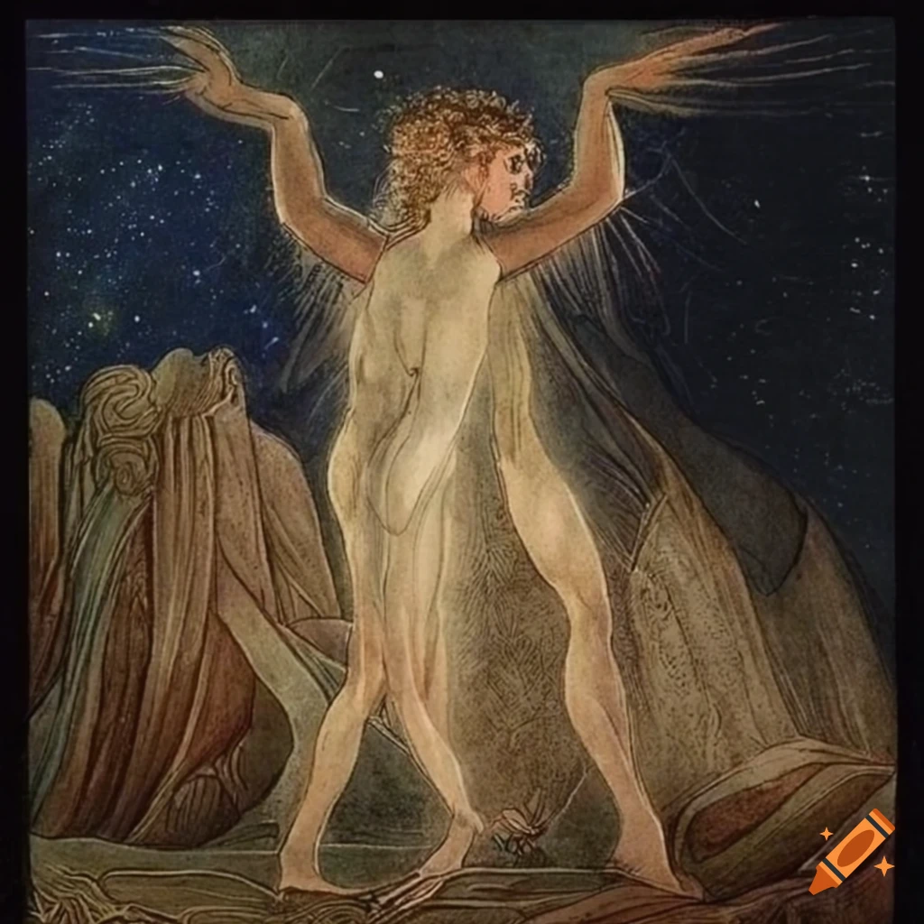 Enlightened spirit walking up hill under starry sky with planets, inspired by William Blake and Hilma af Klint