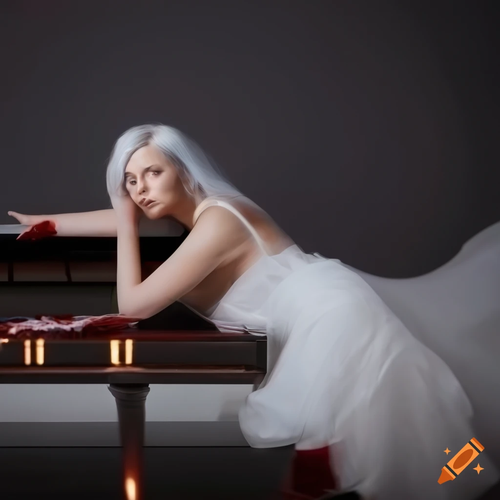 Lady with white eyes and dress, blurred with blood, near a piano on a white background