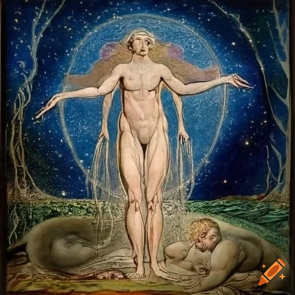 Enlightened spirit walking up a hill under a starry sky with planets, in a mystical setting