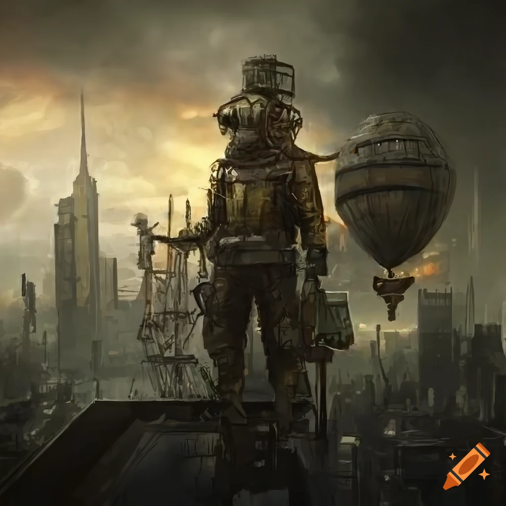 Dieselpunk metropolis skyline obscured by toxic clouds with airships and zeppelins, apocalyptic scene