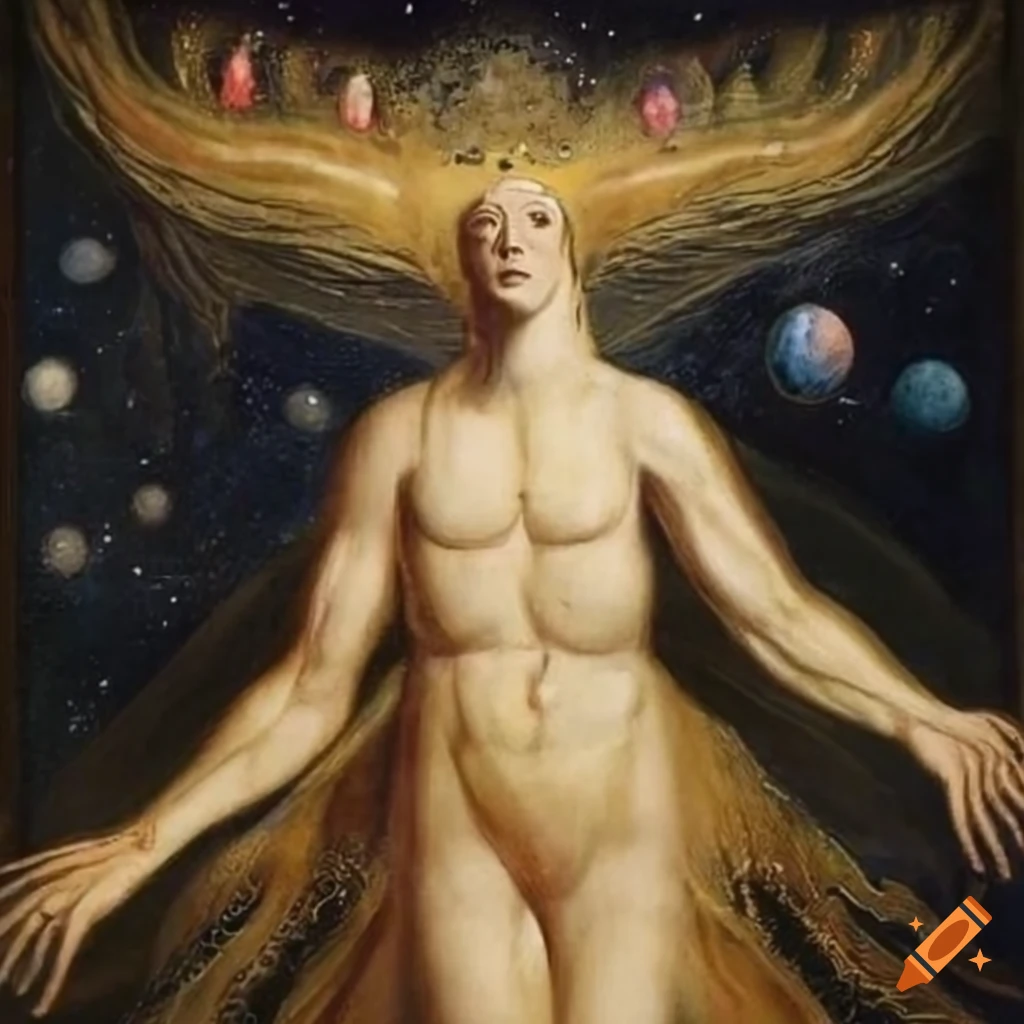 Enlightened spirit walking to hilltop under starry sky with planets
