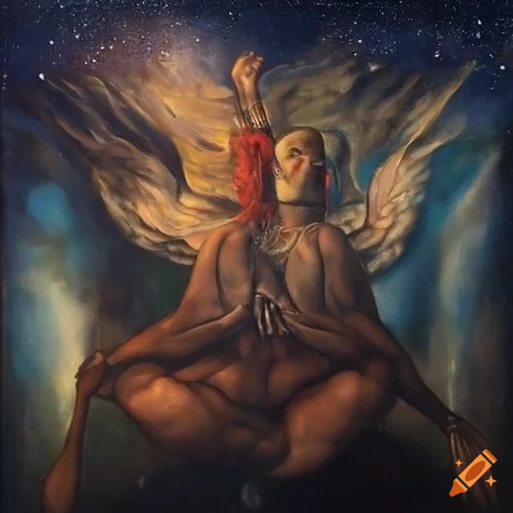 Surrealist painting depicting Carlos Castaneda and Don Juan Matus in front of a Tapio