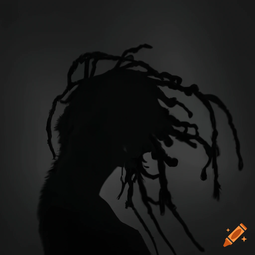 Austere android silhouette with black-ringed eyes and white dreadlocks, standing in front of a forest background filled with crows