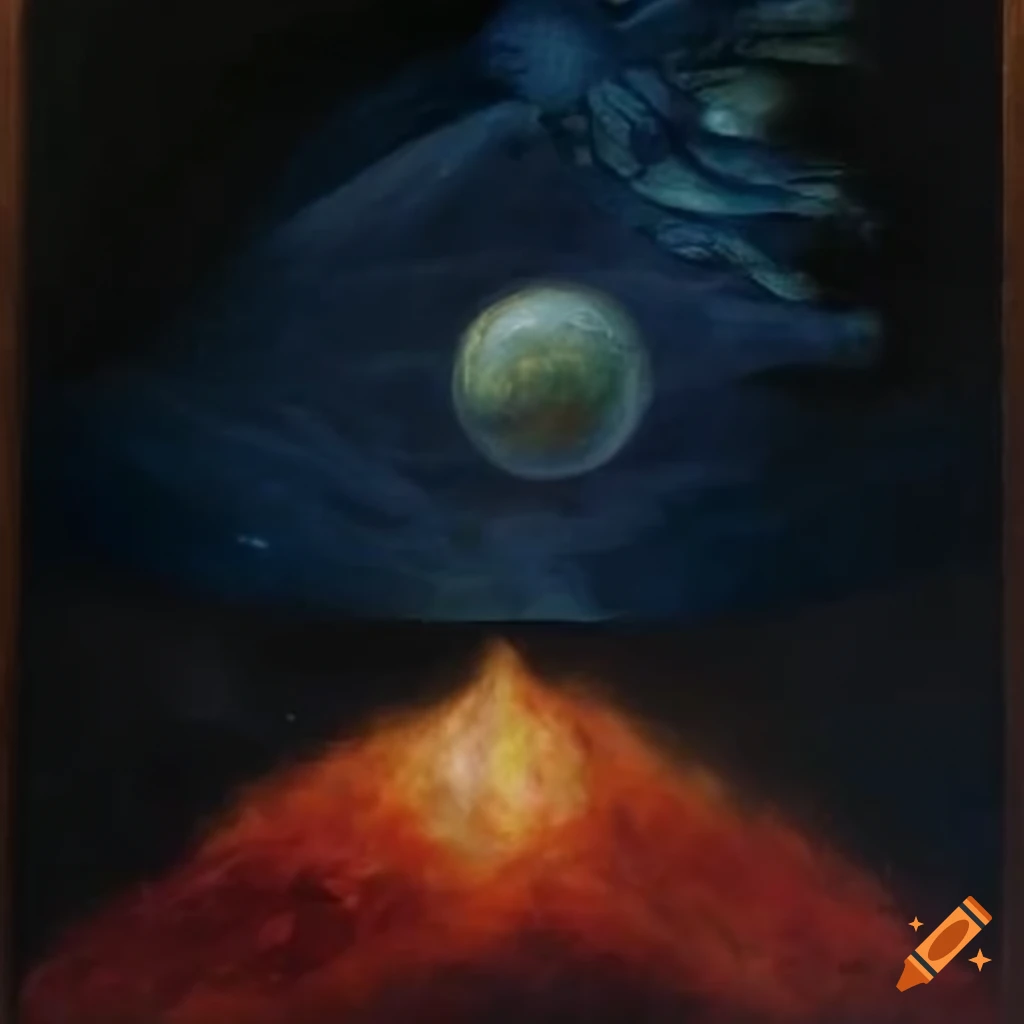 Surrealist painting depicting Carlos Castaneda and Don Juan Matus in front of a Tapio
